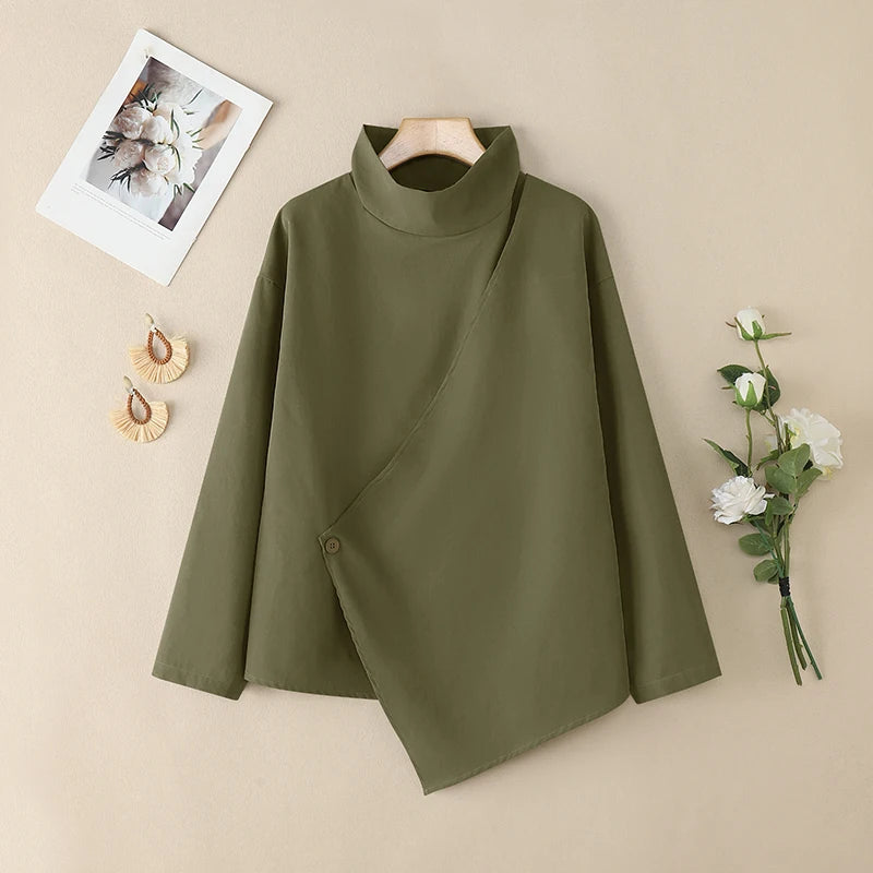 2025 ZANZEA Stylish Autumn Blouses Women Turtleneck Tops Elegant Long Sleeve Office Work Shirt Solid Irregular Blusas Oversize