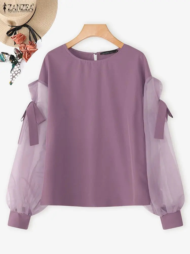 ZANZEA Elegant Bow Women Blouse 2025 Autumn Fashion Mesh Patchwork Long Lantern Sleeve Casual Tops Shirts Korean Ladies Blusas