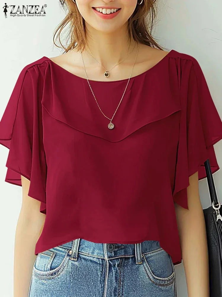 ZANZEA 2025 Summer Tops Women Korean Fashion Chiffon Blouse Elegant Short Sleeve Solid Shirt Tunic Casual Loose Ruffle Hem Blusa