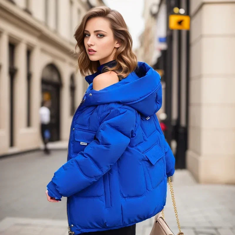 Women Full Sleeve Hooded Zipper Parkas Stand Collar Loose Drawstring Jackets Thick Warm Pockets Casual Coats Autumn Winter