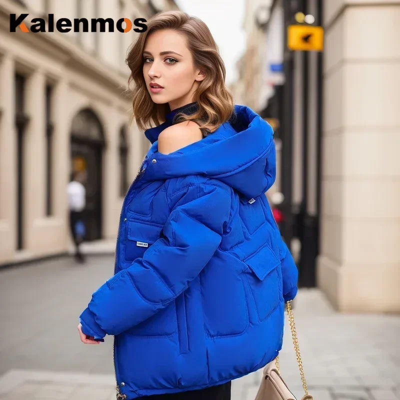 Women Full Sleeve Hooded Zipper Parkas Stand Collar Loose Drawstring Jackets Thick Warm Pockets Casual Coats Autumn Winter