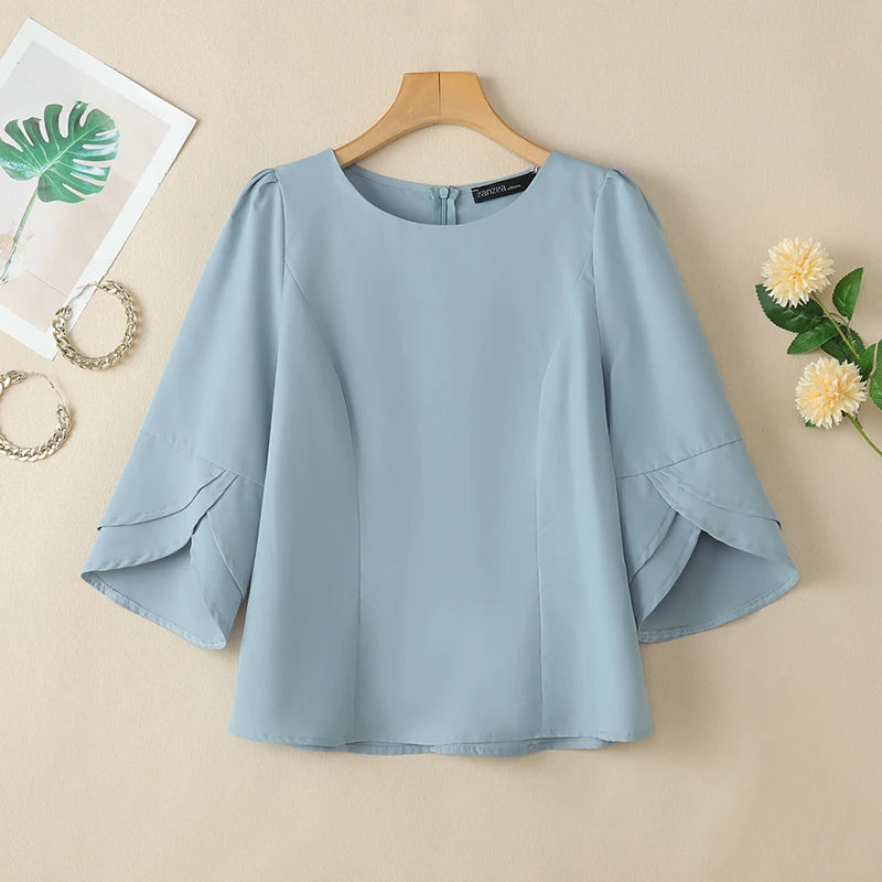 2025 ZANZEA Office Blouse Women Shirt Stylish Solid Slim Fit Tops Summer Elegant 3/4 Petal Sleeve Work Blusas Mujer Oversize