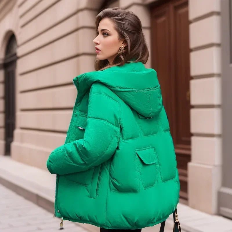 Women Full Sleeve Hooded Zipper Parkas Stand Collar Loose Drawstring Jackets Thick Warm Pockets Casual Coats Autumn Winter