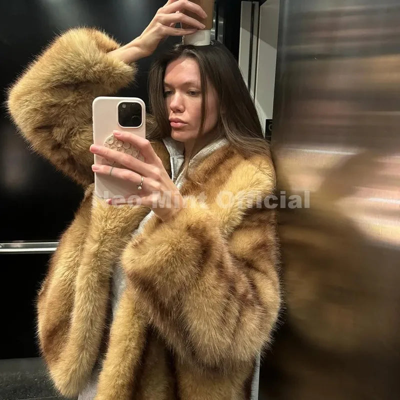 Neo Mint Luxury Brand Fashion Women Yellow Striped Faux Fur Jacket Coat Chic Girls 2025 Winter Oversized Warm Outerwear Overcoat