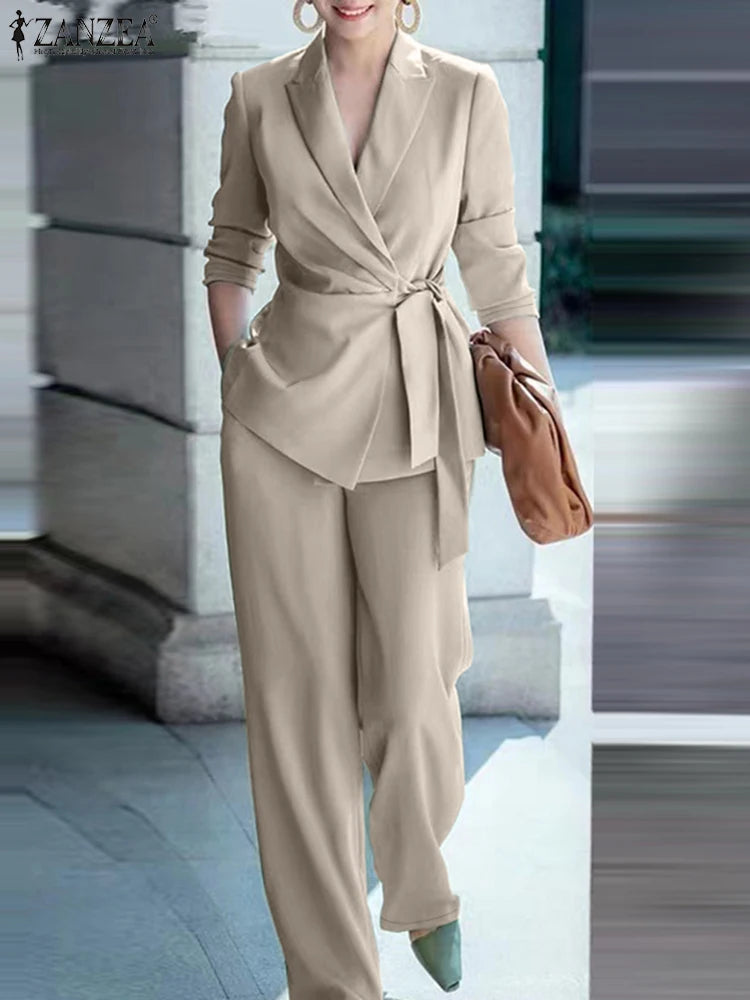 ZANZEA Classy Office Lady Blazer Suits Elegant Women Tied Waist Top and Pant 2pcs Outfit 2025 Trend Streetwear Commute Pant Sets