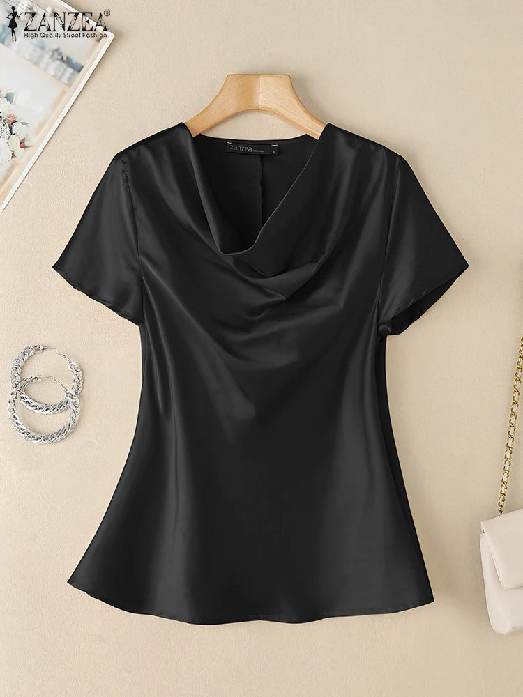 ZANZEA Casual Satin Party Tops Woman Cowl Neck 2025 Fashion Korean Style Blouses Elegant Short Sleeve Solid Color Blusas Mujer