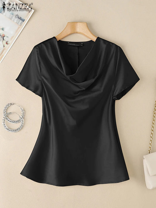 ZANZEA Casual Satin Party Tops Woman Cowl Neck 2025 Fashion Korean Style Blouses Elegant Short Sleeve Solid Color Blusas Mujer