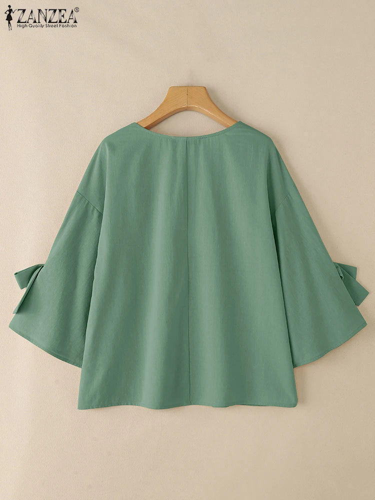 Fashion Summer Blouse 2025 ZANZEA Women Solid Work OL Tops Elegant O Neck 3/4 Sleeve Bow Shirt Casual Loose Chemise Blusas Femme