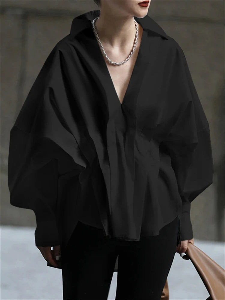 UOOZEE White Blouse For Women 2025 New Spring Fashion V-neck Solid Color Long Sleeves Loose Pleated Casual Shirts Tops