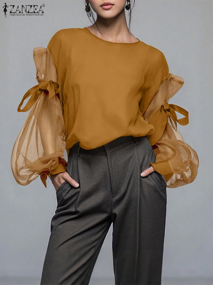 ZANZEA Elegant Bow Women Blouse 2025 Autumn Fashion Mesh Patchwork Long Lantern Sleeve Casual Tops Shirts Korean Ladies Blusas