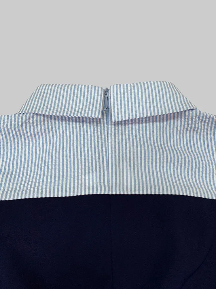 Lemongor Female Stylish Blue Striped Split-Joint Lapel Jumpsuits 2025 New Spring Long Sleeves Buttoned Wide Leg One Piece Suits