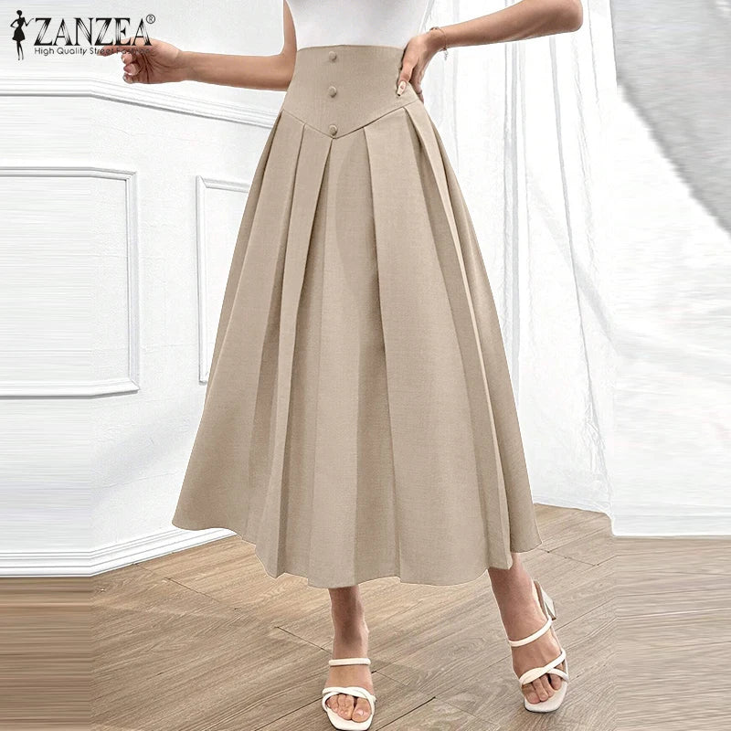 Elegant Pleated Maxi Skirts High Waist Office Skirts Women Casual Loose Zipper Buttons Overskirts A-Line Bottom Lady ZANZEA 2025