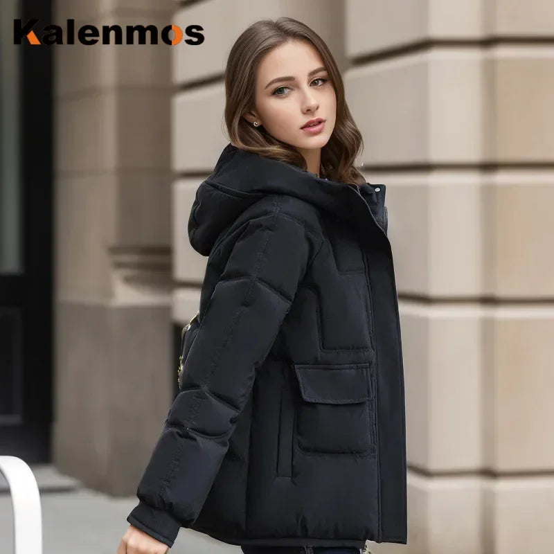 Women Full Sleeve Hooded Zipper Parkas Stand Collar Loose Drawstring Jackets Thick Warm Pockets Casual Coats Autumn Winter