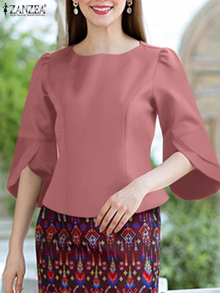 2025 ZANZEA Office Blouse Women Shirt Stylish Solid Slim Fit Tops Summer Elegant 3/4 Petal Sleeve Work Blusas Mujer Oversize