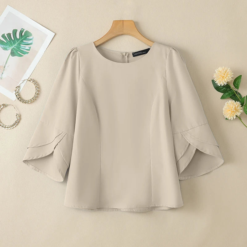 2025 ZANZEA Office Blouse Women Shirt Stylish Solid Slim Fit Tops Summer Elegant 3/4 Petal Sleeve Work Blusas Mujer Oversize