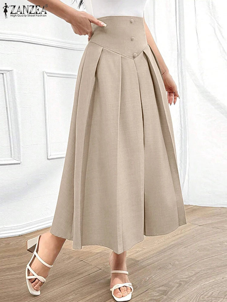 Elegant Pleated Maxi Skirts High Waist Office Skirts Women Casual Loose Zipper Buttons Overskirts A-Line Bottom Lady ZANZEA 2025