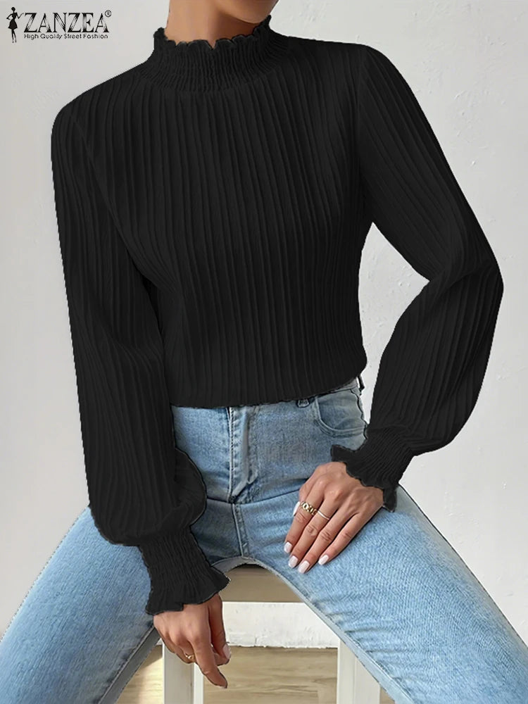 ZANZEA Women Stylish Smocked Turtleneck Blouses 2025 Autumn Fashion Long Lantern Sleeve Textured Solid Color Tops Woman Clothing