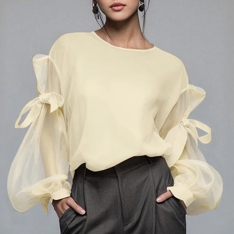 ZANZEA Elegant Bow Women Blouse 2025 Autumn Fashion Mesh Patchwork Long Lantern Sleeve Casual Tops Shirts Korean Ladies Blusas