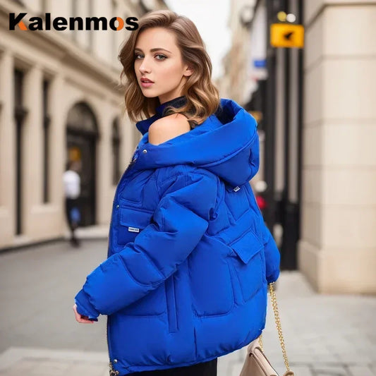 Women Full Sleeve Hooded Zipper Parkas Stand Collar Loose Drawstring Jackets Thick Warm Pockets Casual Coats Autumn Winter