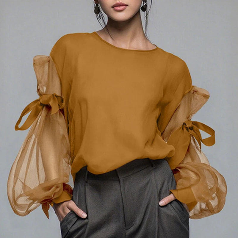 ZANZEA Elegant Bow Women Blouse 2025 Autumn Fashion Mesh Patchwork Long Lantern Sleeve Casual Tops Shirts Korean Ladies Blusas