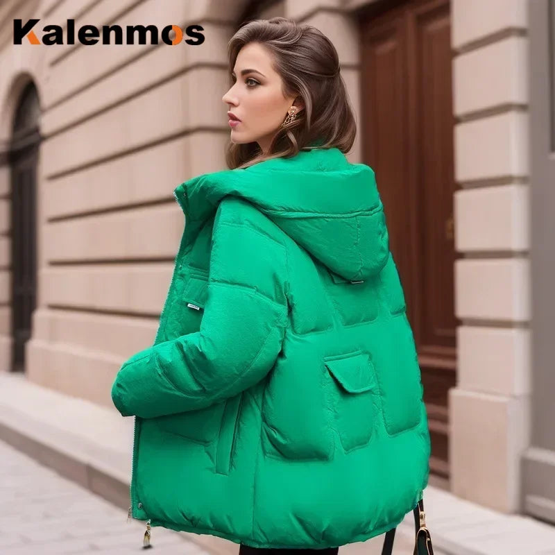 Women Full Sleeve Hooded Zipper Parkas Stand Collar Loose Drawstring Jackets Thick Warm Pockets Casual Coats Autumn Winter