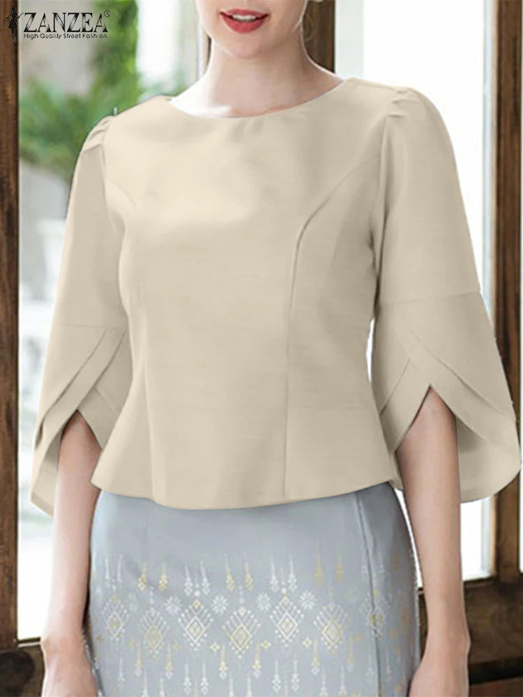 2025 ZANZEA Office Blouse Women Shirt Stylish Solid Slim Fit Tops Summer Elegant 3/4 Petal Sleeve Work Blusas Mujer Oversize