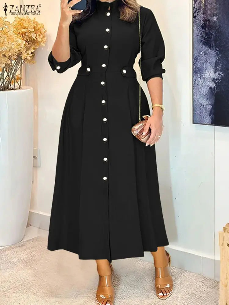 ZANZEA Plus Size Women's Midi Dresses Elegant Casual Mock Neck Long Sleeve Button Up A-Line Long Dress FW Woman Clothing 5XL