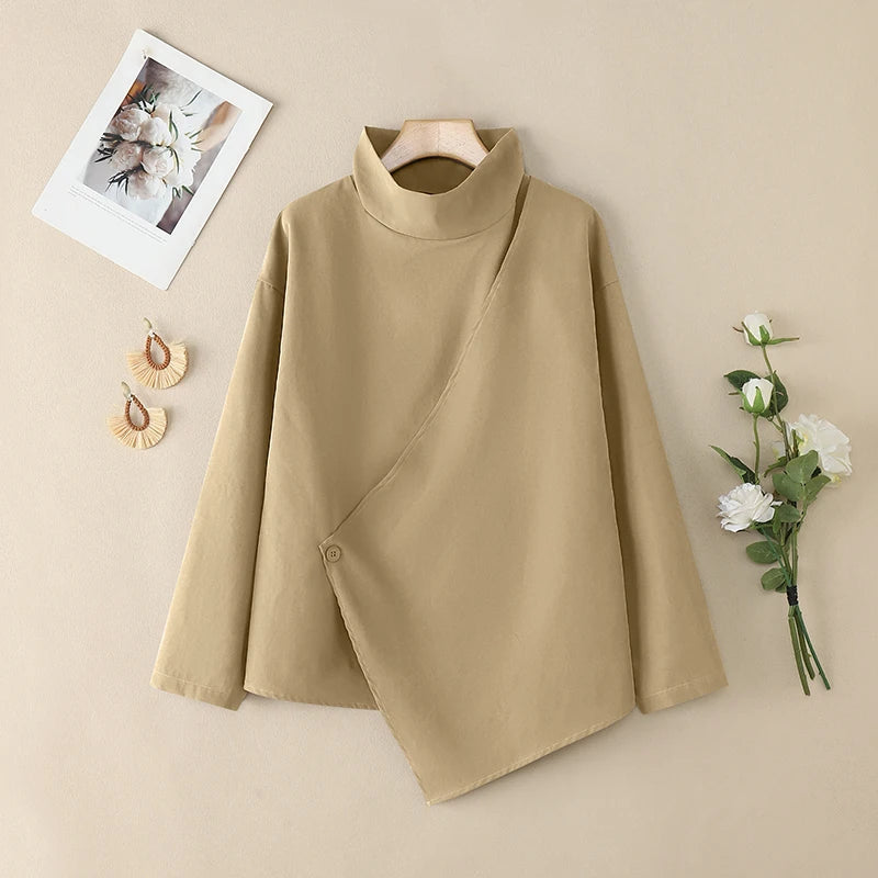 2025 ZANZEA Stylish Autumn Blouses Women Turtleneck Tops Elegant Long Sleeve Office Work Shirt Solid Irregular Blusas Oversize