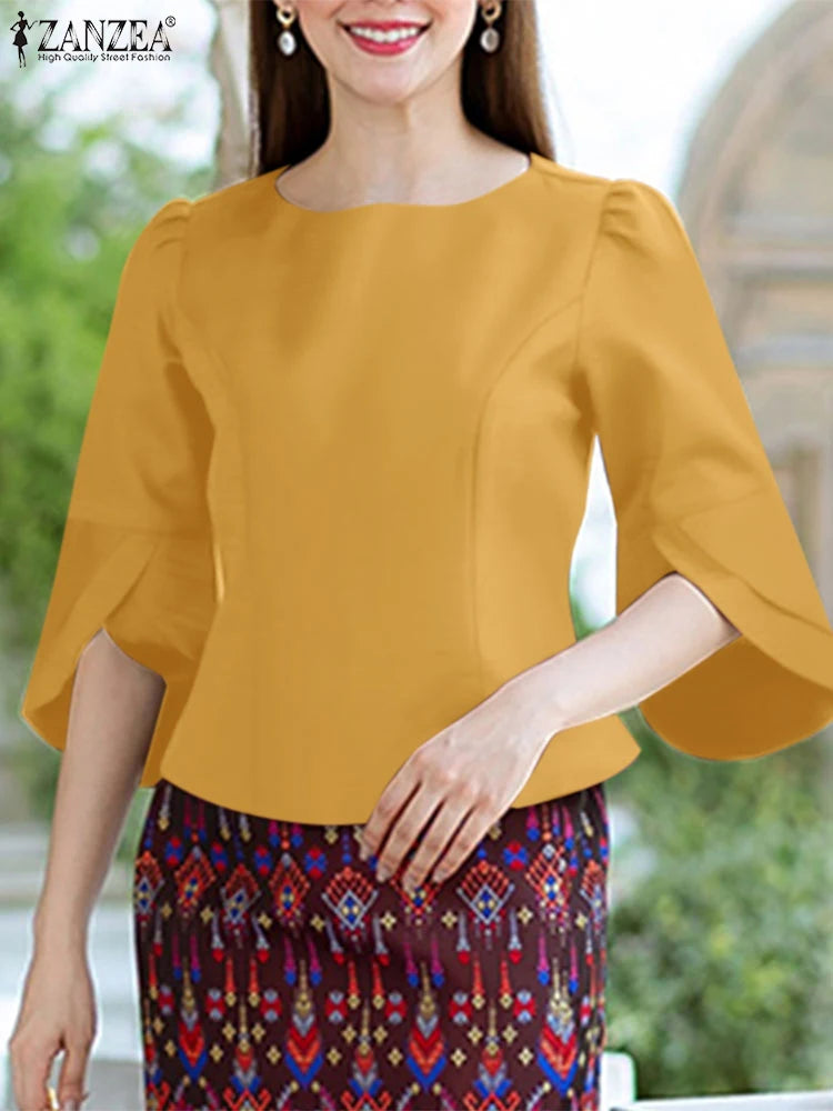 2025 ZANZEA Office Blouse Women Shirt Stylish Solid Slim Fit Tops Summer Elegant 3/4 Petal Sleeve Work Blusas Mujer Oversize