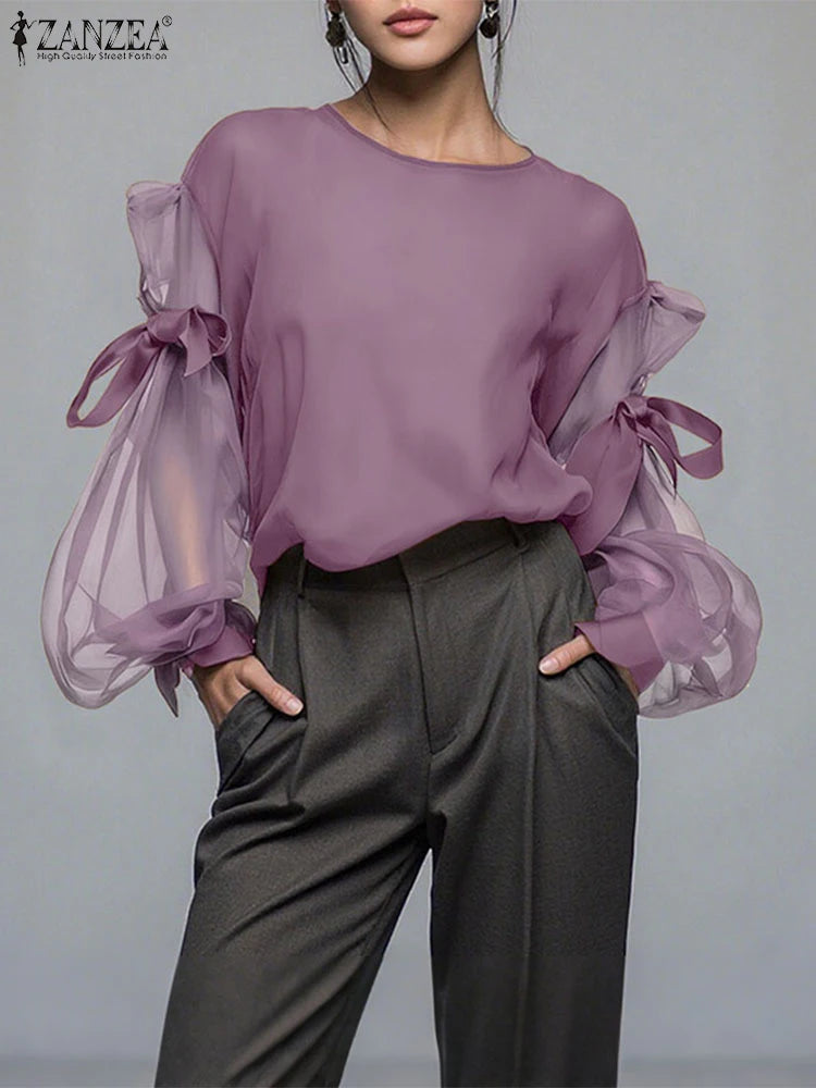ZANZEA Elegant Bow Women Blouse 2025 Autumn Fashion Mesh Patchwork Long Lantern Sleeve Casual Tops Shirts Korean Ladies Blusas