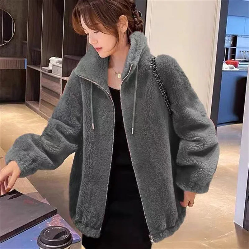 Winter Warm Double Coral Fleece Coat Women Stand Collar Plush Thick Overcoat New Fashion Loose Casual Long Sleeve Zipper Clothes
