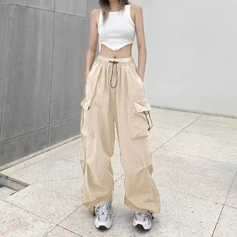 American retro workwear casual pants women's summer versatile straight leg hanging feeling ankle tied pants loose wide leg pants