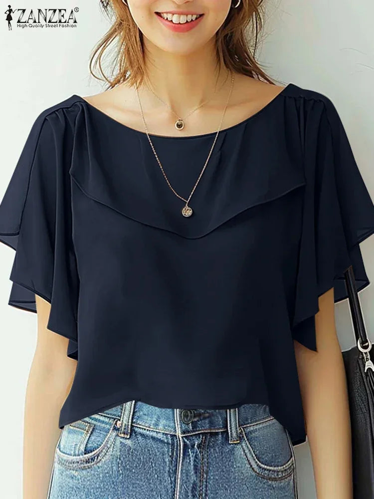 ZANZEA 2025 Summer Tops Women Korean Fashion Chiffon Blouse Elegant Short Sleeve Solid Shirt Tunic Casual Loose Ruffle Hem Blusa