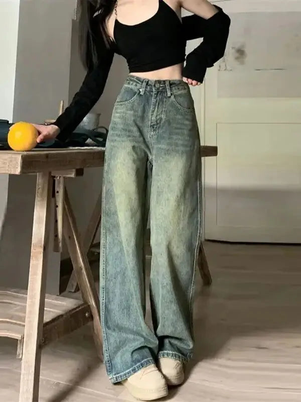 Vintage High-waisted Slimming Jeans American Style Casual Bell Bottoms Versatile Straight-leg Long Pants For Women