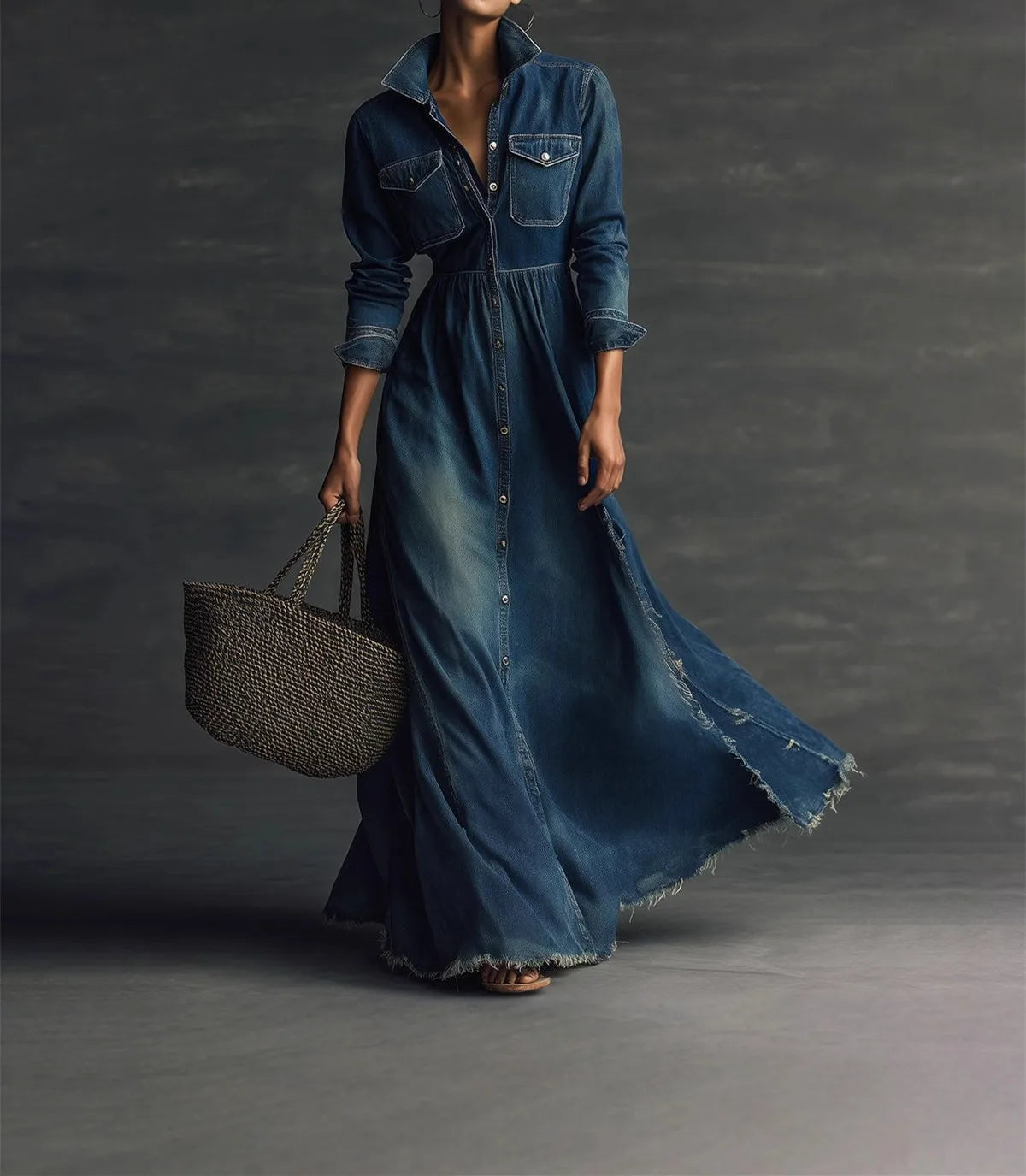 New Fashion Casual Long Sleeve Turn-down Collar Single Breasted Pockets Solid Color Split Flare And Fit Ankle-Length Demin Dress