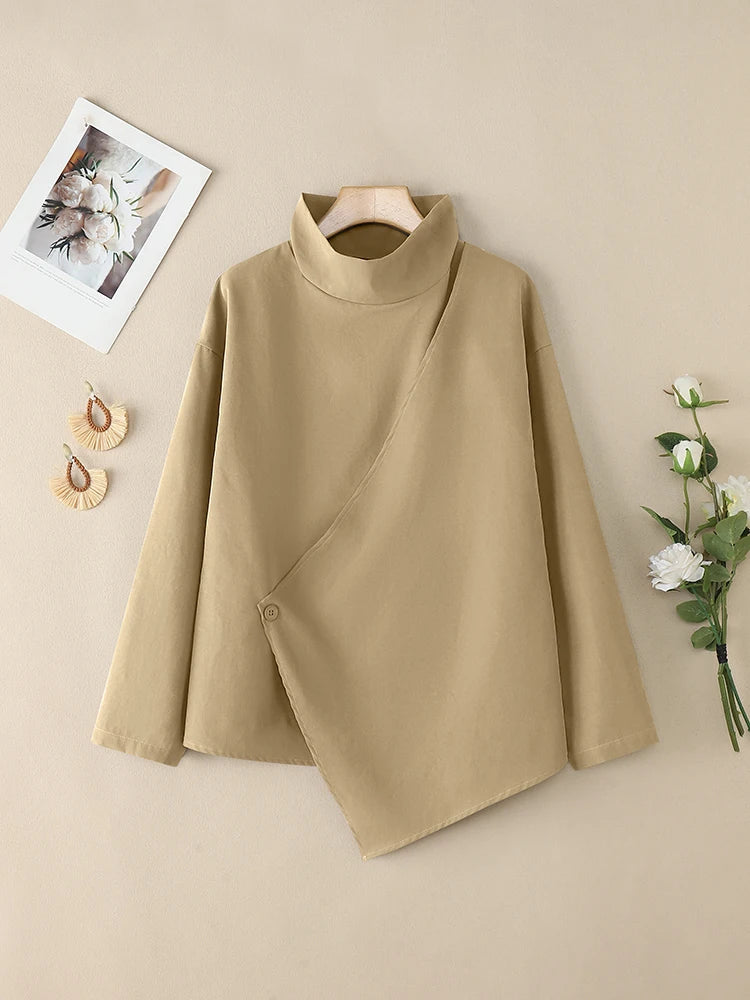 2025 ZANZEA Stylish Autumn Blouses Women Turtleneck Tops Elegant Long Sleeve Office Work Shirt Solid Irregular Blusas Oversize