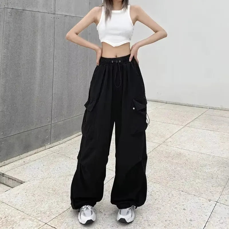 American retro workwear casual pants women's summer versatile straight leg hanging feeling ankle tied pants loose wide leg pants