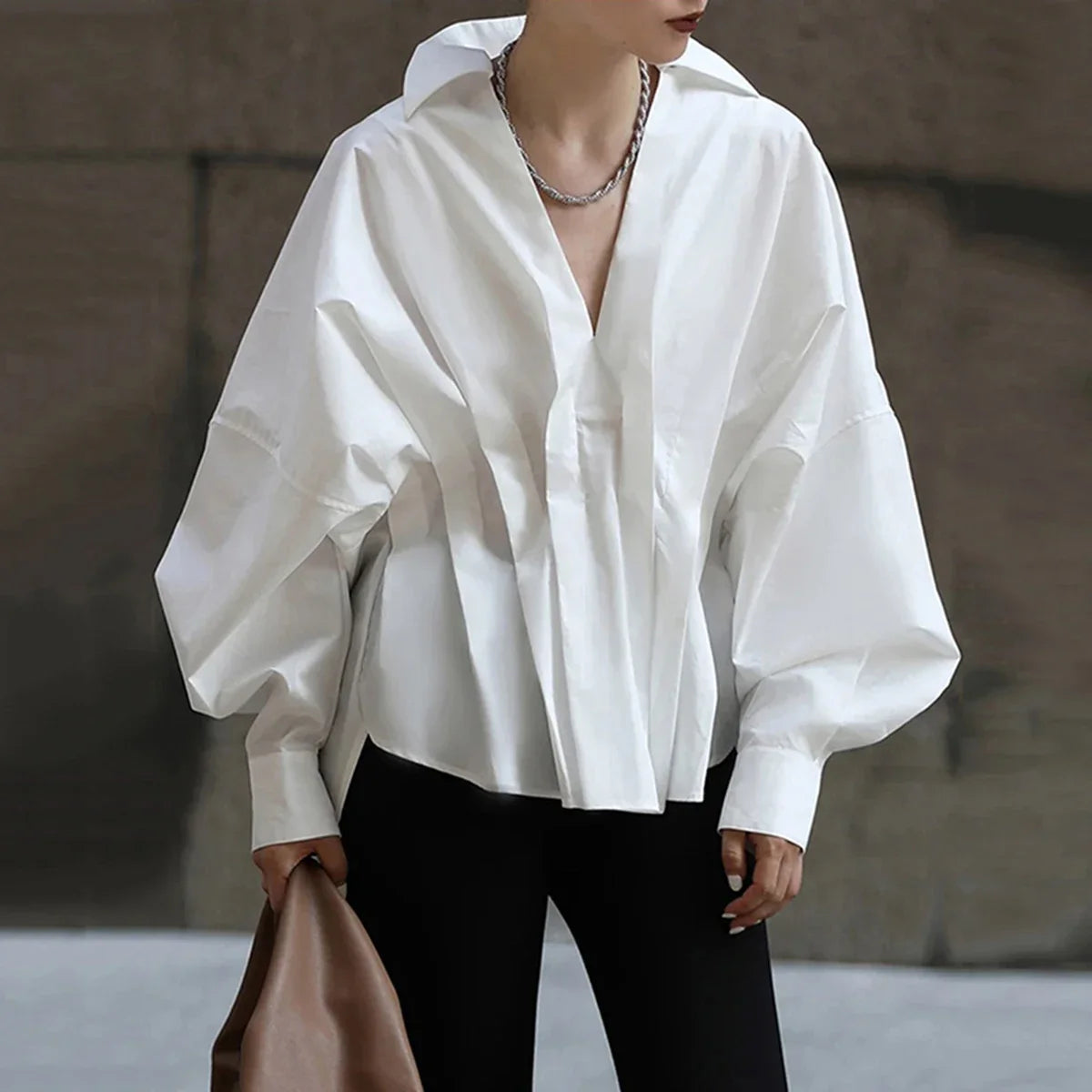 UOOZEE White Blouse For Women 2025 New Spring Fashion V-neck Solid Color Long Sleeves Loose Pleated Casual Shirts Tops