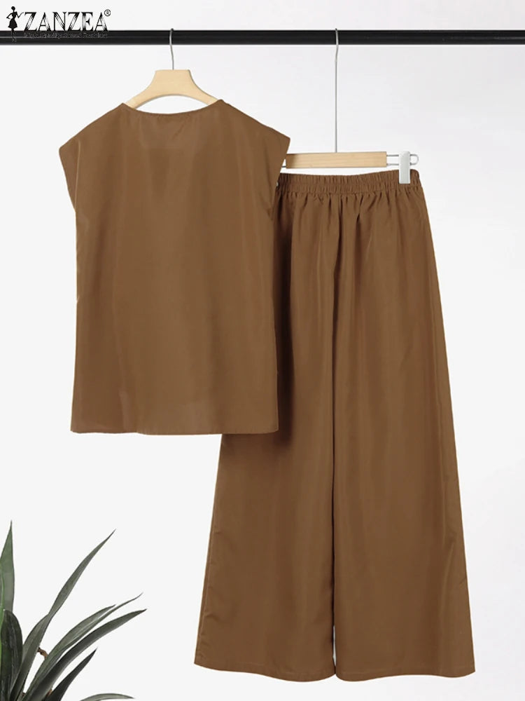 2025 ZANZEA Summer Pant Sets 2PCS Office Women Outfits Solid Work OL Tracksuits Elegant Sleeveless Blouse Suit Matching Sets