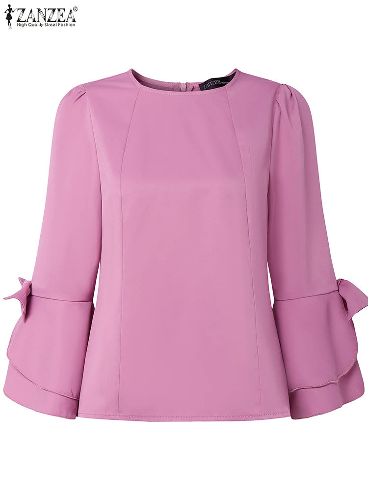 Women Elegant 3/4 Sleeve Work Blouses ZANZEA Summer Office Shirt Stylish Bows Slim Fit Tunic Tops Casual Solid Party Blusas 2025
