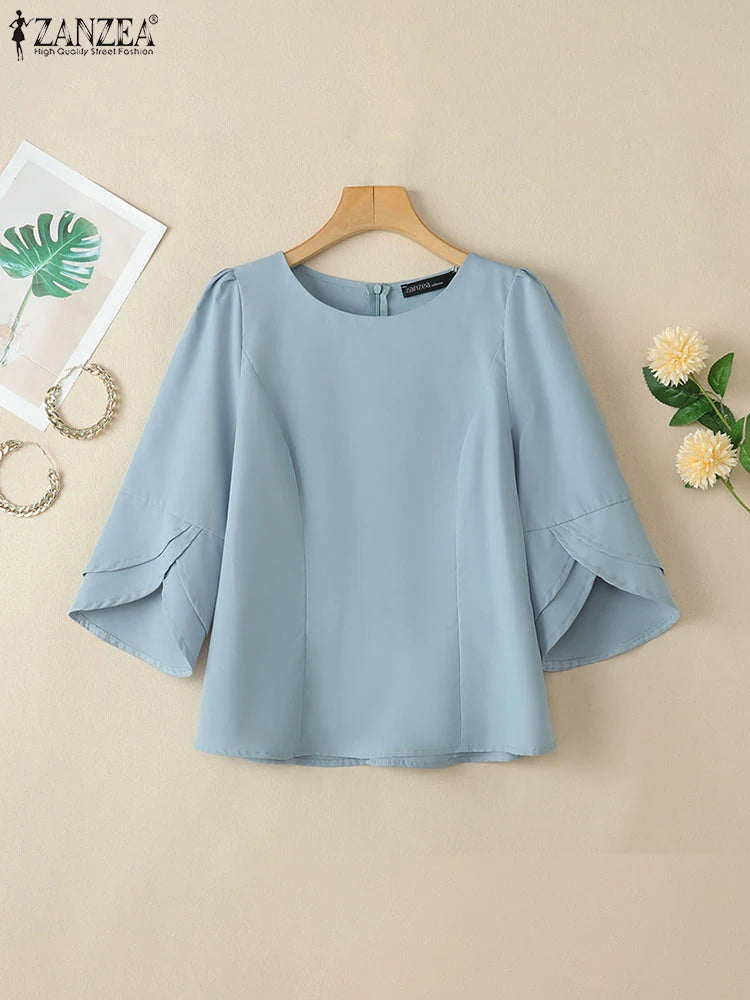 2025 ZANZEA Office Blouse Women Shirt Stylish Solid Slim Fit Tops Summer Elegant 3/4 Petal Sleeve Work Blusas Mujer Oversize
