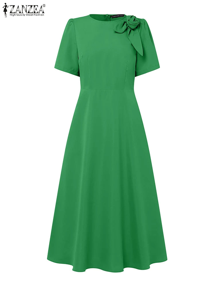 ZANZEA Elegant Women's Party Dresses 2025 Fashion Fabric Flower Short Sleeve O-Neck A-line Midi Robes Summer Fitted Waist Kleid