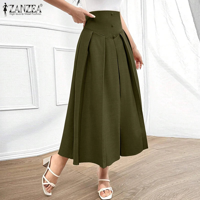 Elegant Pleated Maxi Skirts High Waist Office Skirts Women Casual Loose Zipper Buttons Overskirts A-Line Bottom Lady ZANZEA 2025