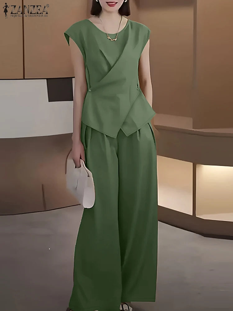 2025 ZANZEA Summer Pant Sets 2PCS Office Women Outfits Solid Work OL Tracksuits Elegant Sleeveless Blouse Suit Matching Sets