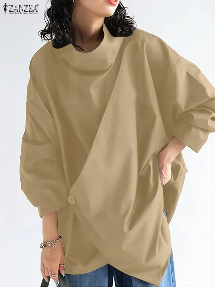 2025 ZANZEA Stylish Autumn Blouses Women Turtleneck Tops Elegant Long Sleeve Office Work Shirt Solid Irregular Blusas Oversize