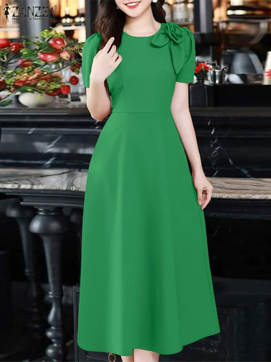 ZANZEA Elegant Women's Party Dresses 2025 Fashion Fabric Flower Short Sleeve O-Neck A-line Midi Robes Summer Fitted Waist Kleid