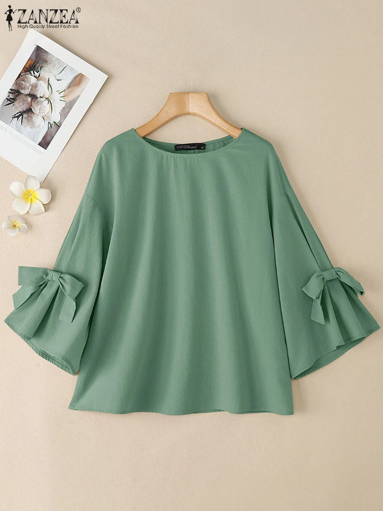 Fashion Summer Blouse 2025 ZANZEA Women Solid Work OL Tops Elegant O Neck 3/4 Sleeve Bow Shirt Casual Loose Chemise Blusas Femme