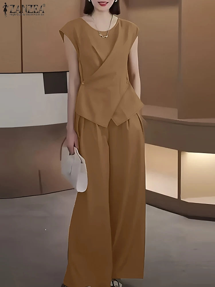 2025 ZANZEA Summer Pant Sets 2PCS Office Women Outfits Solid Work OL Tracksuits Elegant Sleeveless Blouse Suit Matching Sets