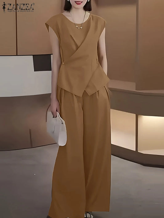 2025 ZANZEA Summer Pant Sets 2PCS Office Women Outfits Solid Work OL Tracksuits Elegant Sleeveless Blouse Suit Matching Sets