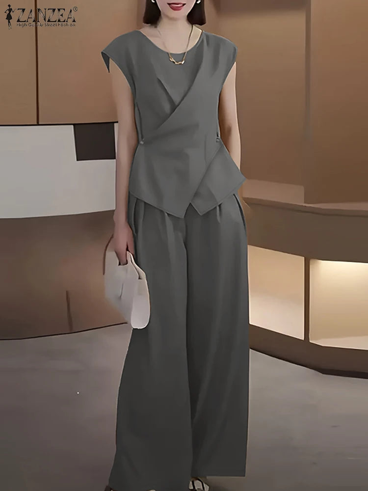 2025 ZANZEA Summer Pant Sets 2PCS Office Women Outfits Solid Work OL Tracksuits Elegant Sleeveless Blouse Suit Matching Sets